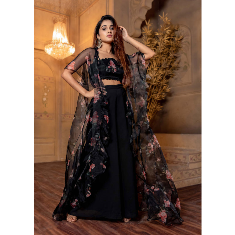 Women Black Floral Top,Jacket And Plaazo Set 