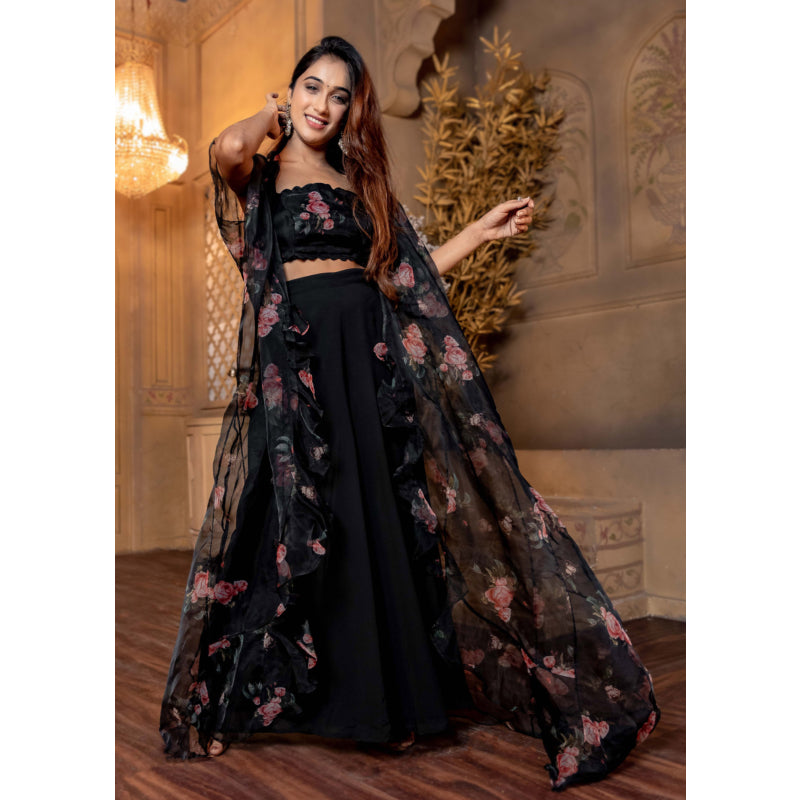 Women Black Floral Top,Jacket And Plaazo Set 