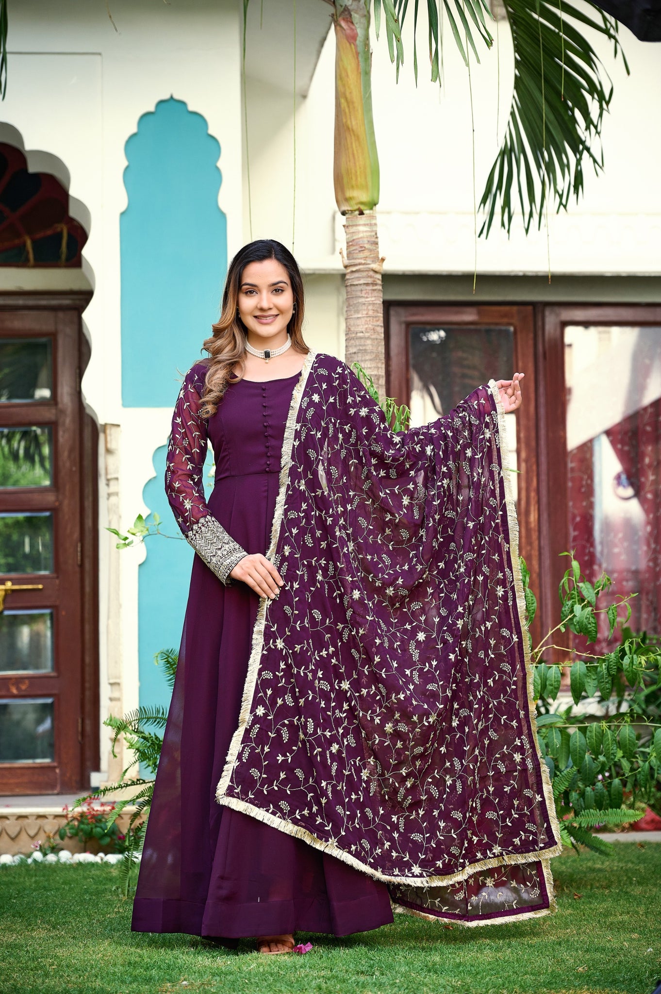 Womens Ethnics Purple Anarkali Kurtaset With Dupatta 