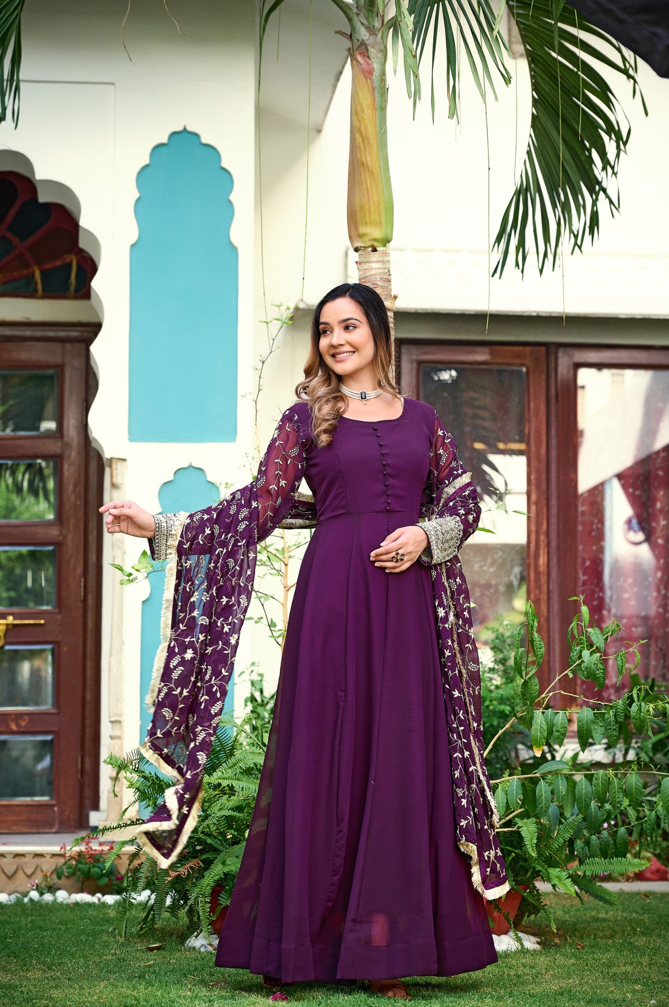 Womens Ethnics Purple Anarkali Kurtaset With Dupatta 