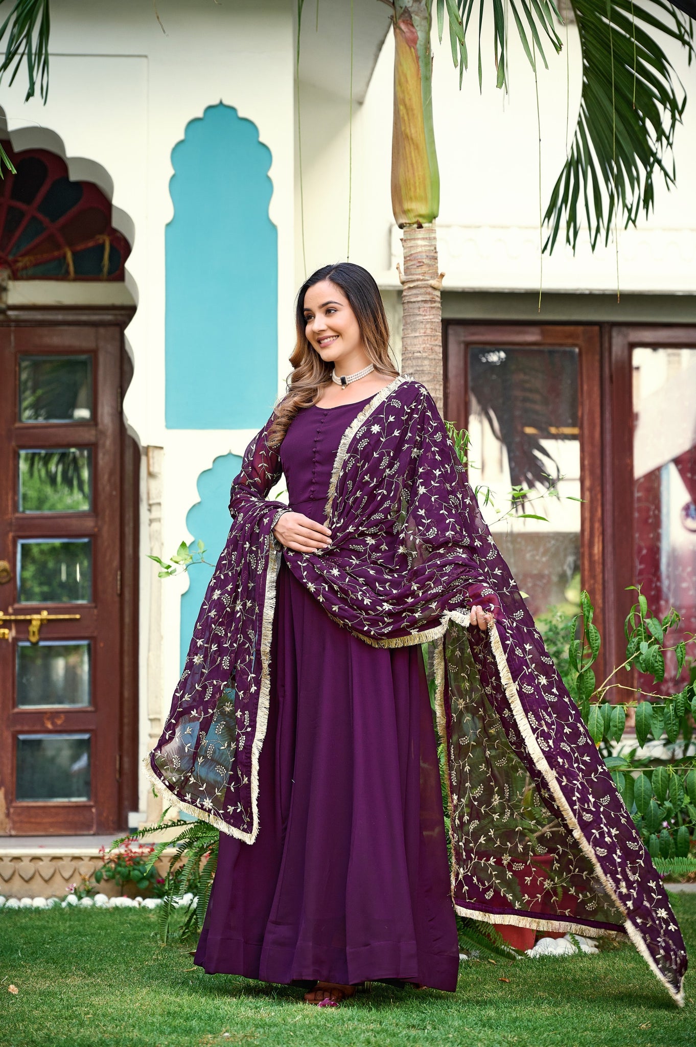 Womens Ethnics Purple Anarkali Kurtaset With Dupatta 