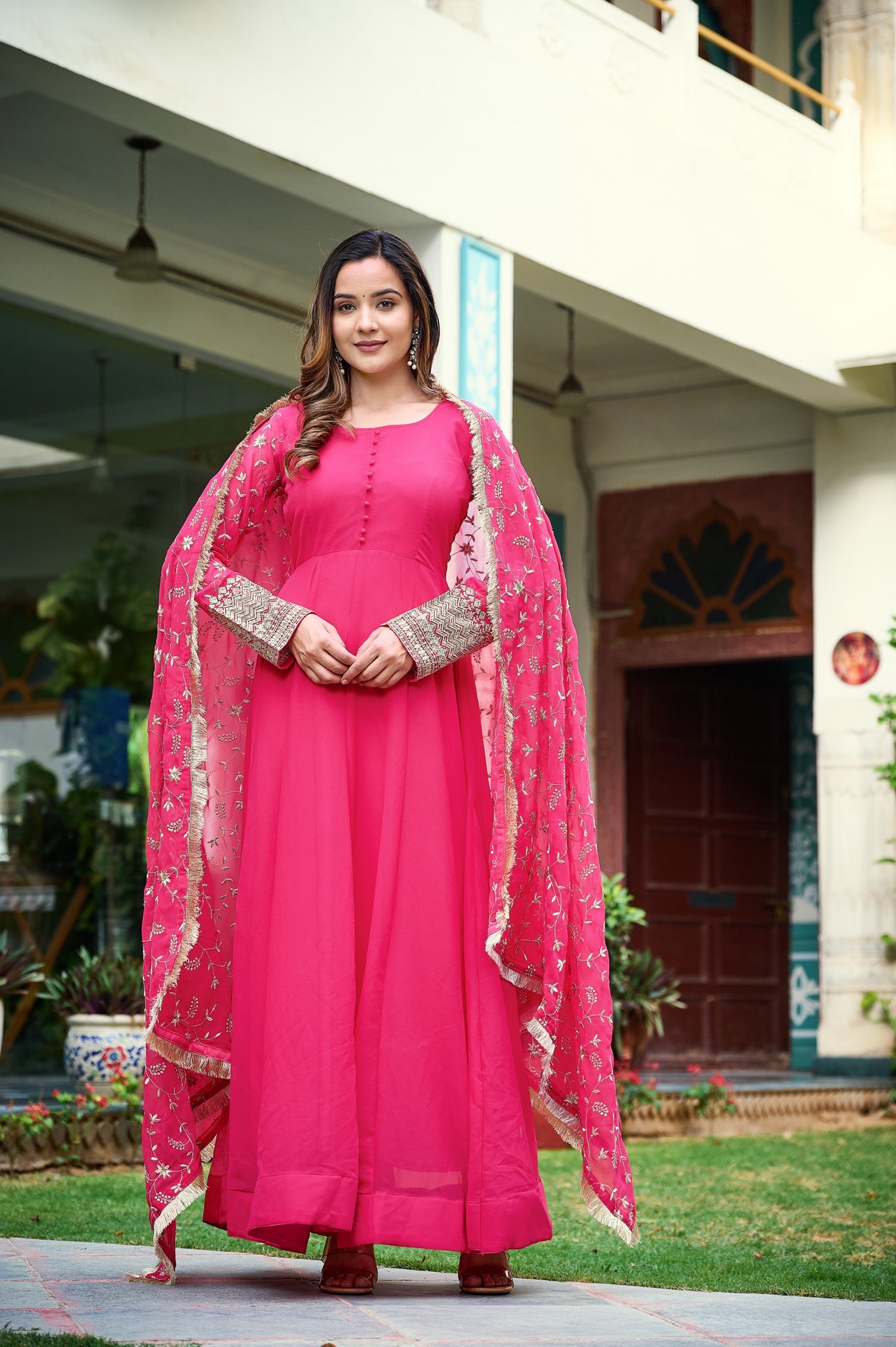 Womens Ethnics Rani Anarkali Kurtaset With Dupatta 