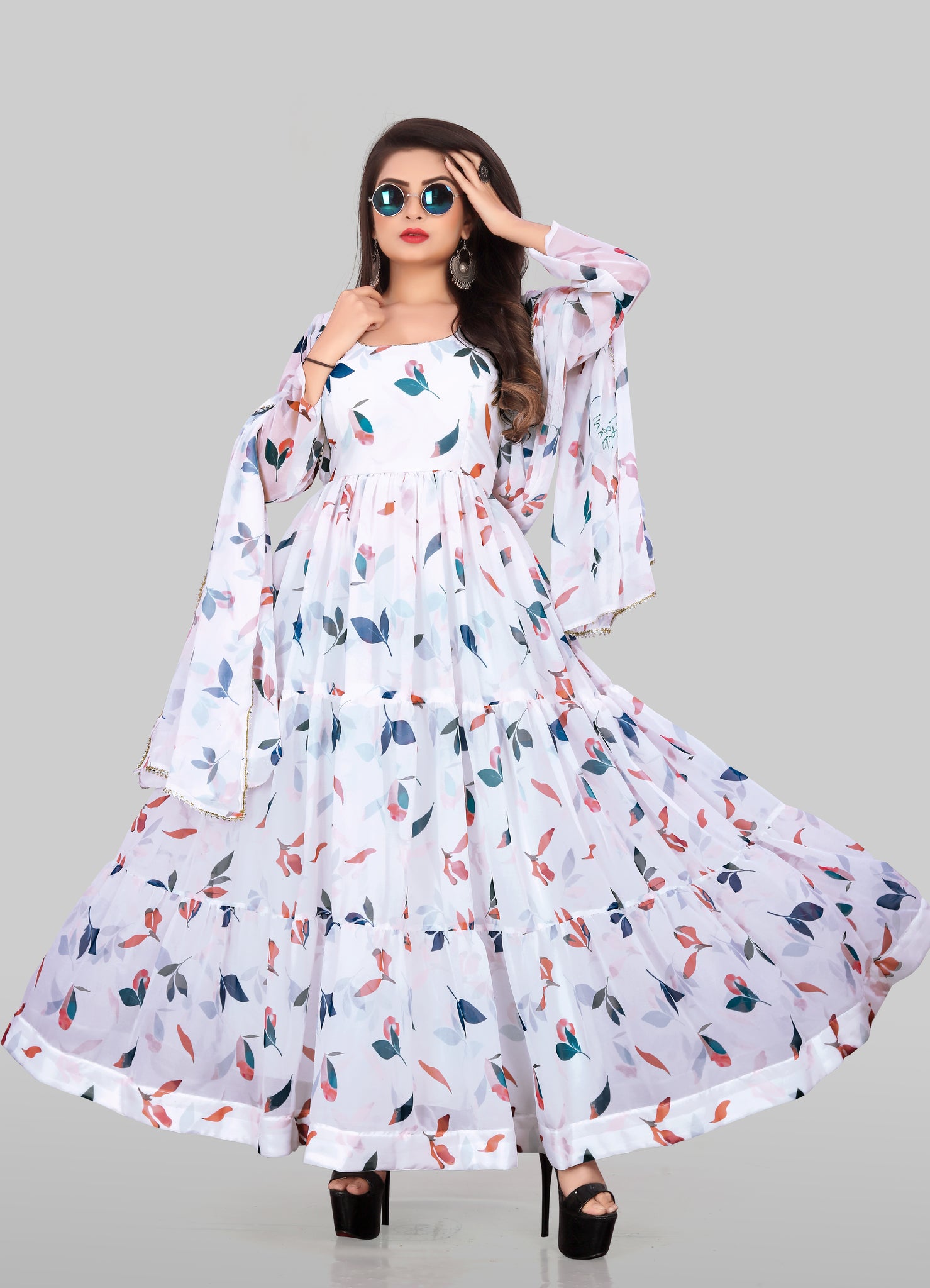 White Printed Georgette Anarkali Kurta Suit 