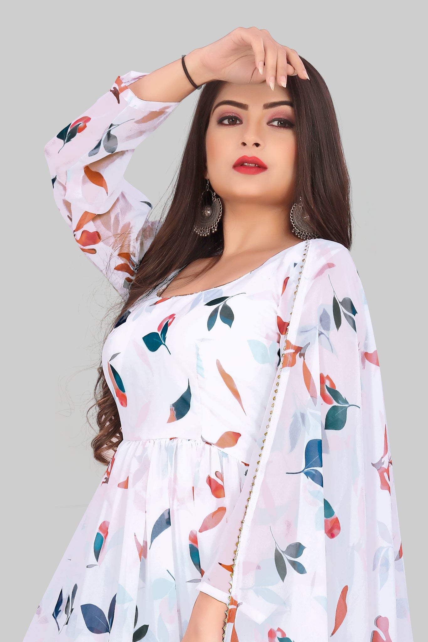 White Printed Georgette Anarkali Kurta Suit 