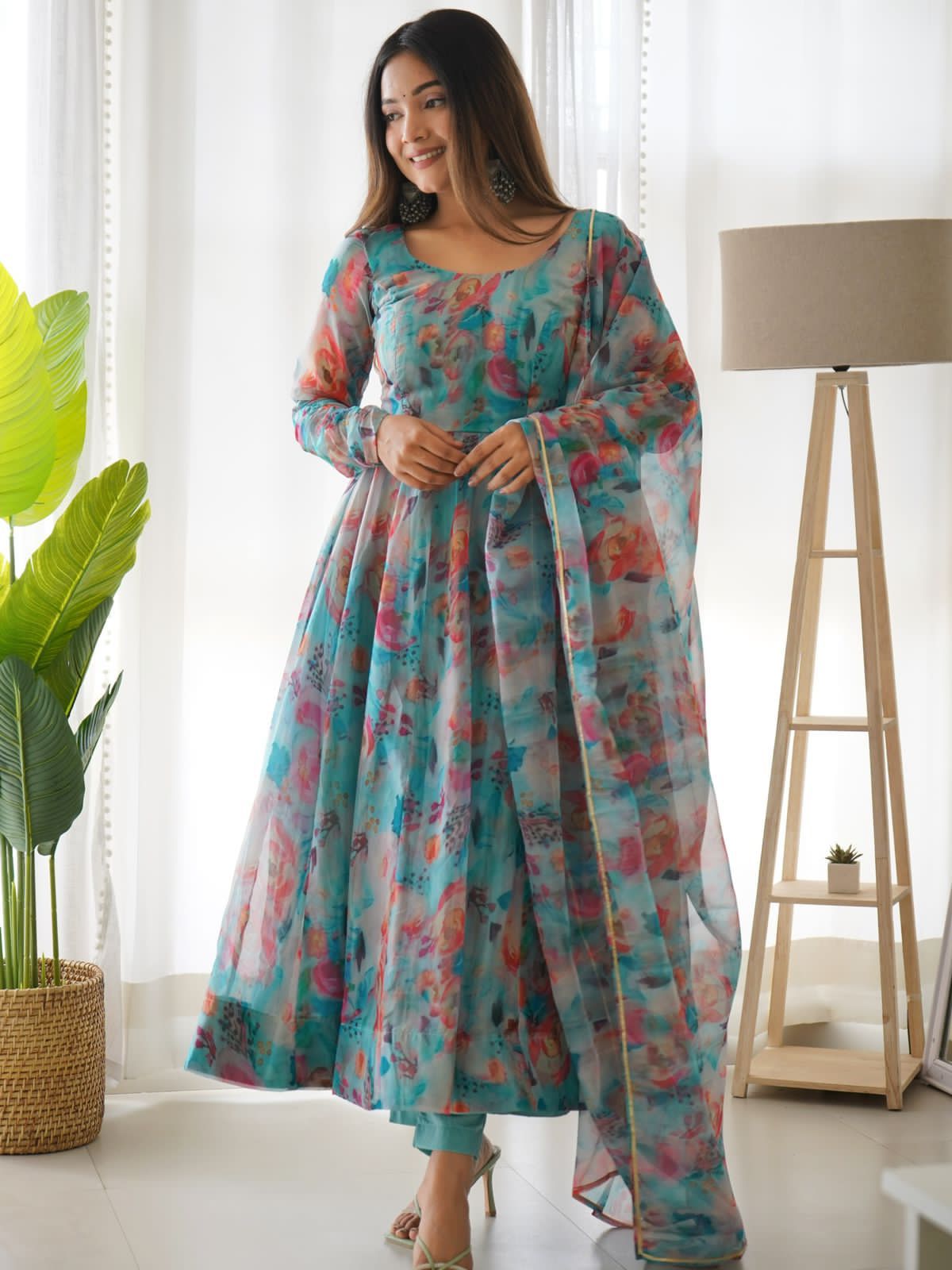 Blue Color Printed Anarkali Kurta Set 