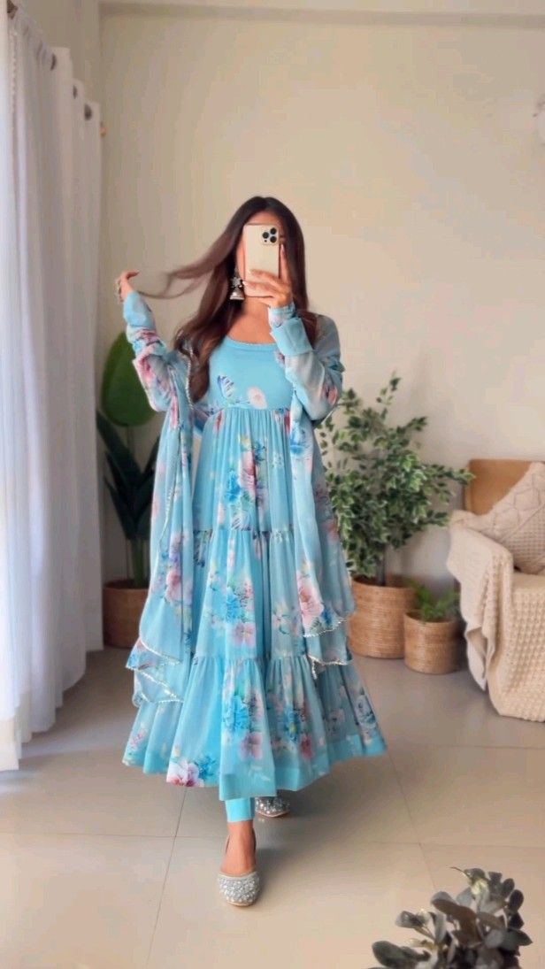 Aqua Blue Color Printed Anarkali Kurta Set 