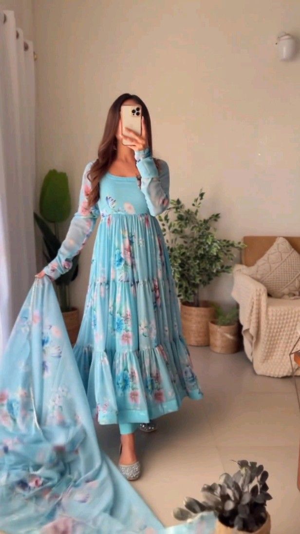 Aqua Blue Color Printed Anarkali Kurta Set 