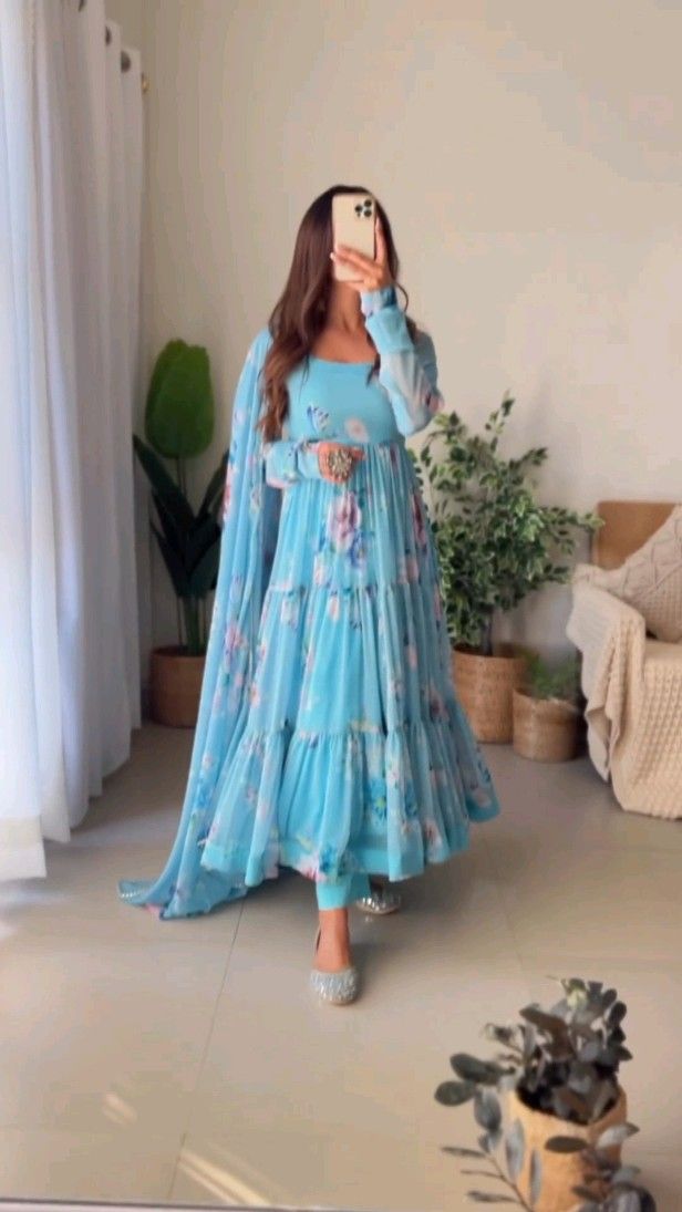 Aqua Blue Color Printed Anarkali Kurta Set 