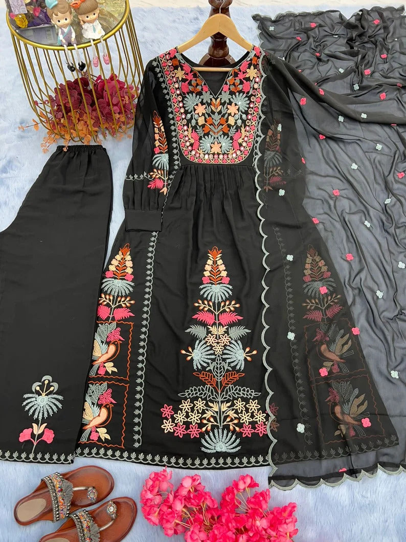 Black Embrodery Work Straight Kurta Suit With Pant Set 