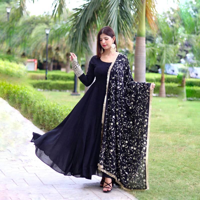 Black Color Sequence Embrodery Work Anarkali Kurta Set 