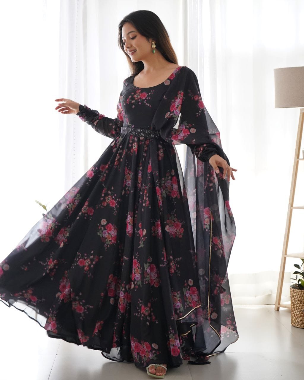 Black Color Printed Anarkali Kurta Set 