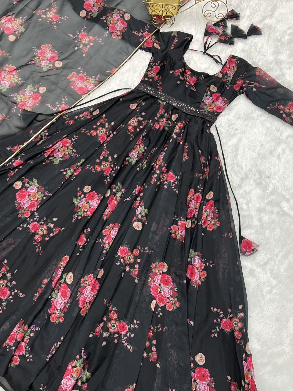 Black Color Printed Anarkali Kurta Set 