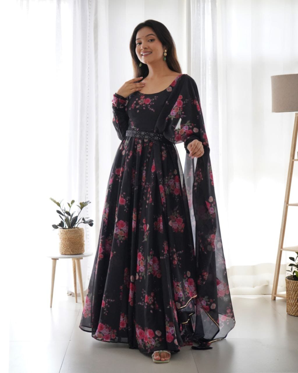 Black Color Printed Anarkali Kurta Set 