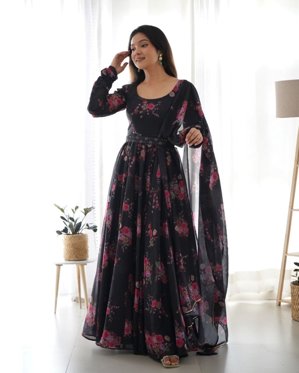 Black Color Printed Anarkali Kurta Set 