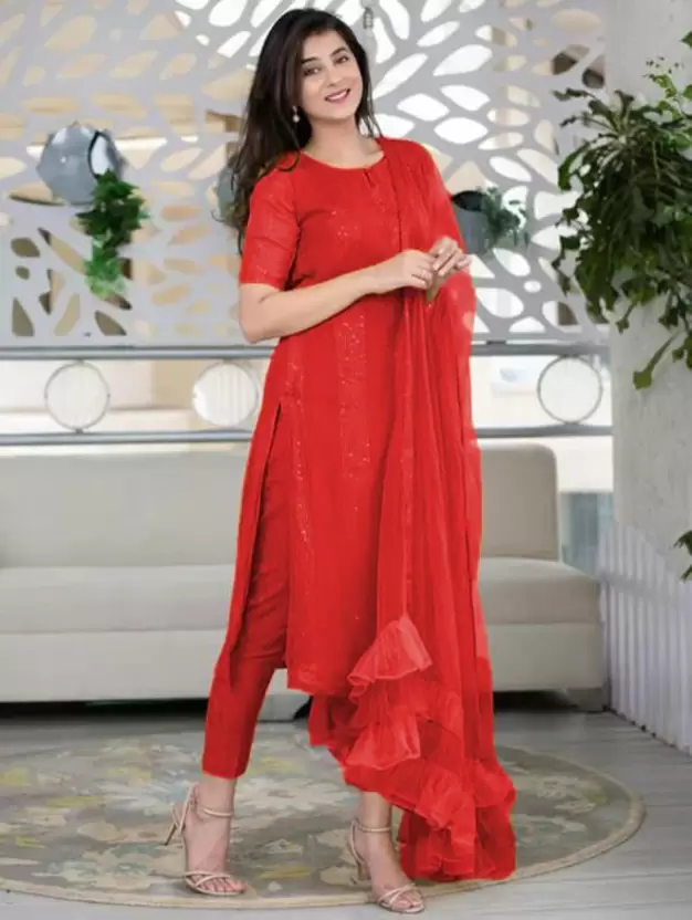 Women Embroidered Straight Kurta Suit Set 