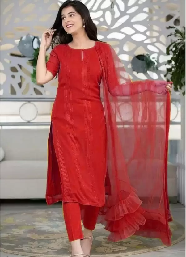 Women Embroidered Straight Kurta Suit Set 