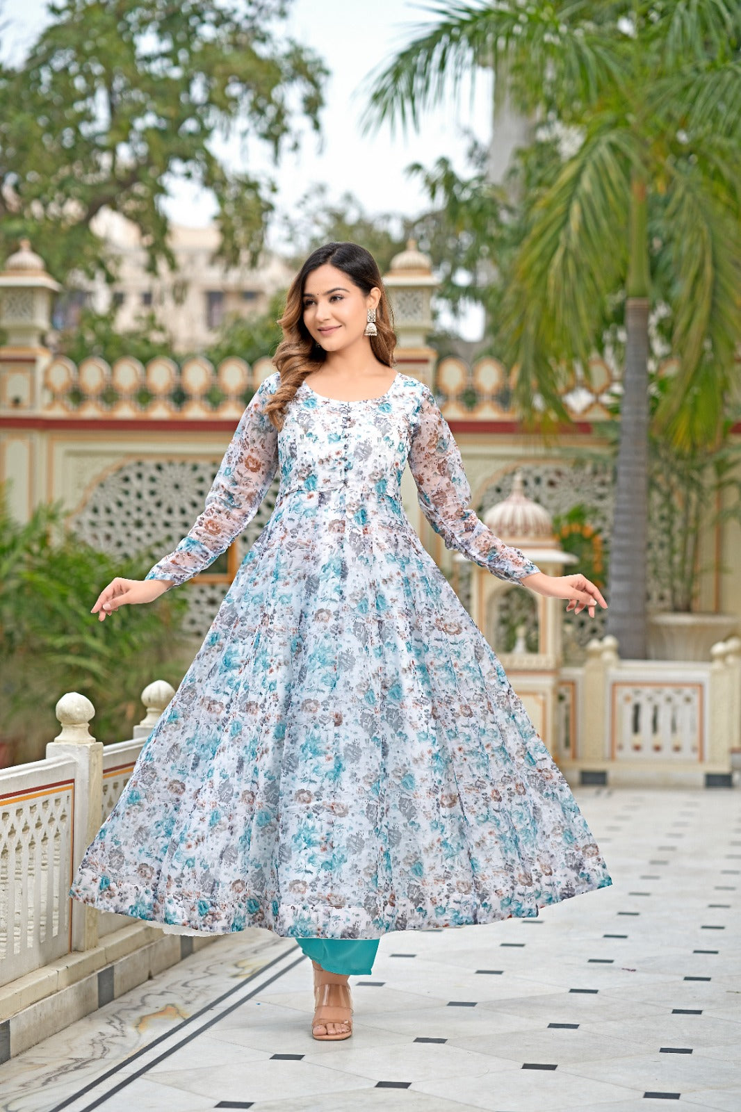 Multi Color Printed Organza Silk Anarkali Kurta Suit 