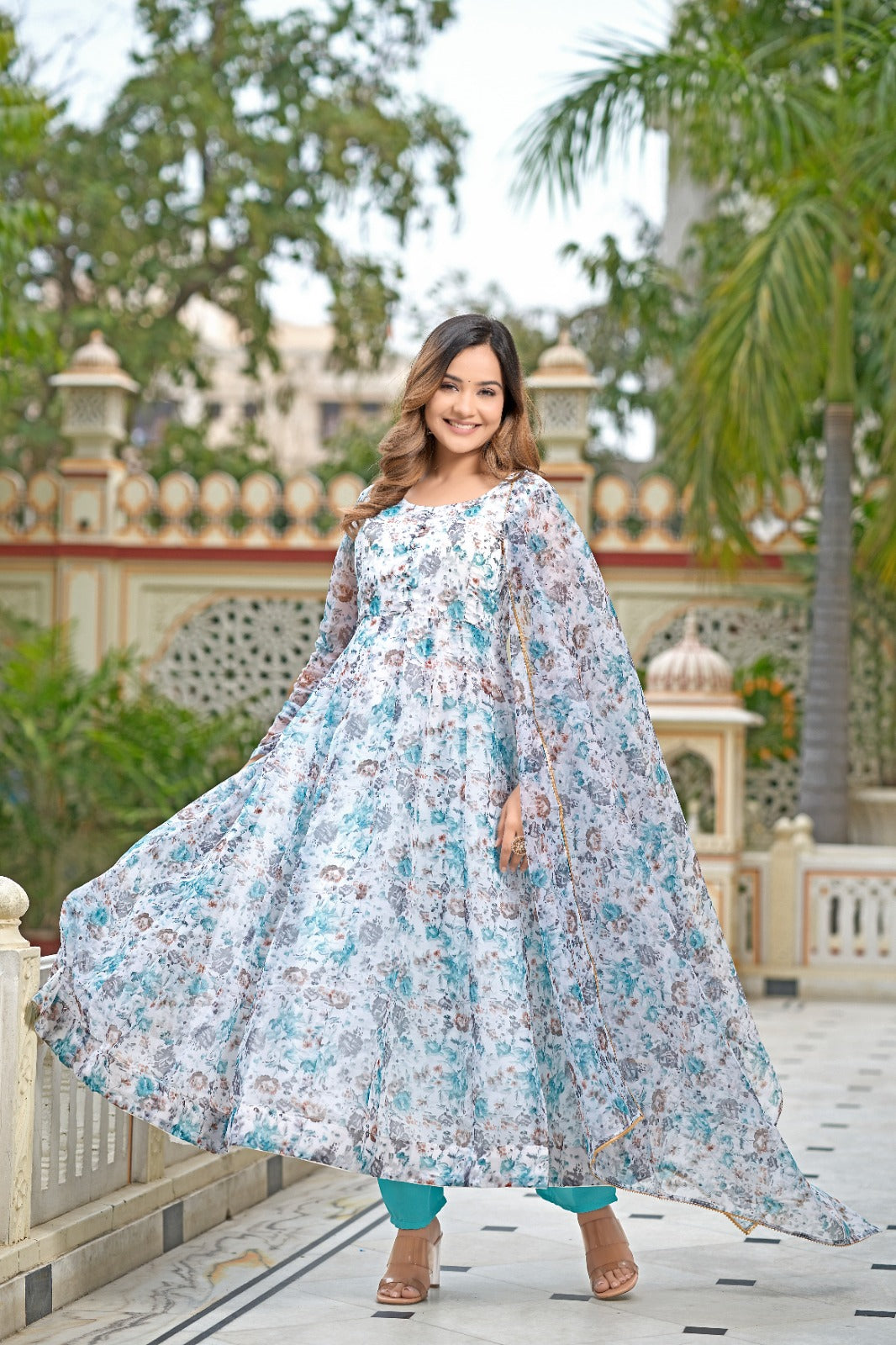 Multi Color Printed Organza Silk Anarkali Kurta Suit 