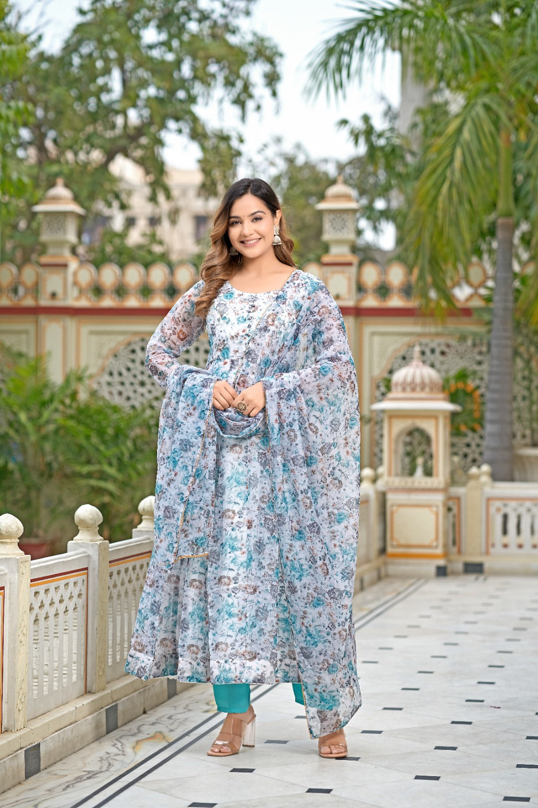 Multi Color Printed Organza Silk Anarkali Kurta Suit 