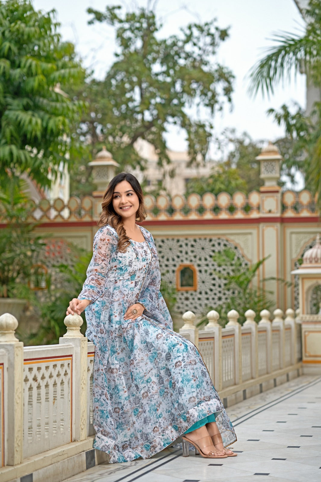 Multi Color Printed Organza Silk Anarkali Kurta Suit 