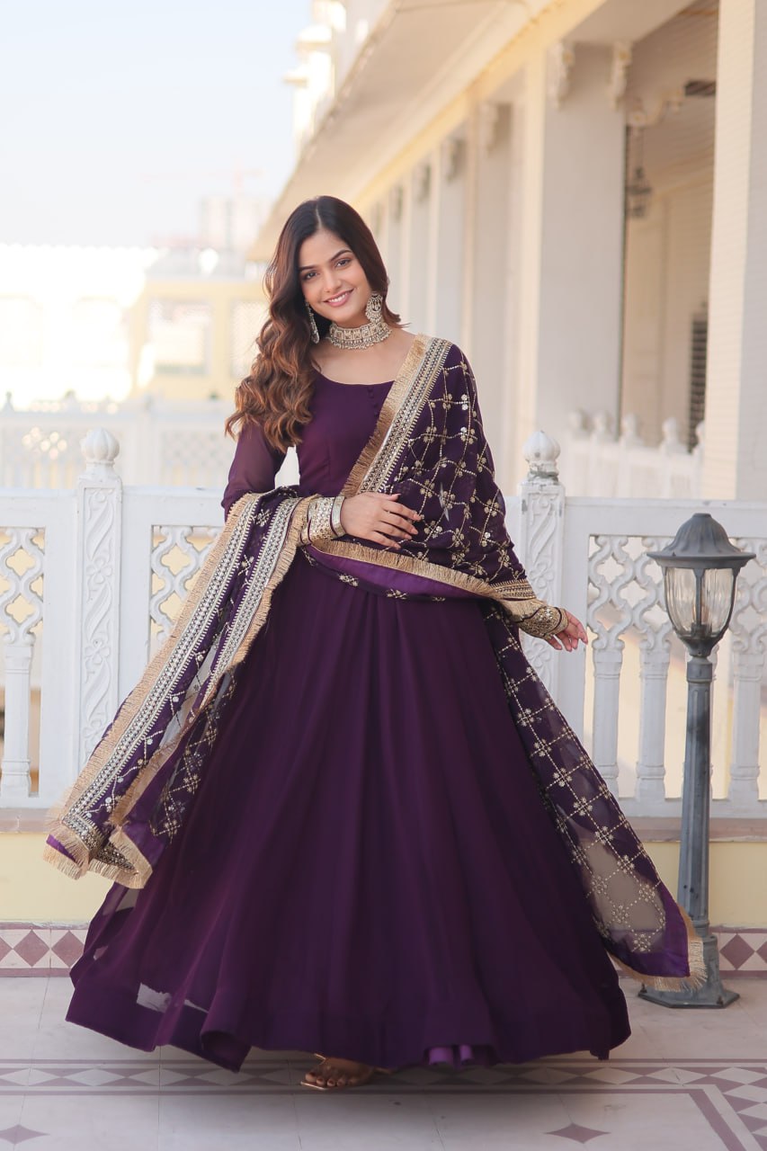 Purple Faux Georgette Sequence Embroidery Work Full Flare Anarkali Suit 