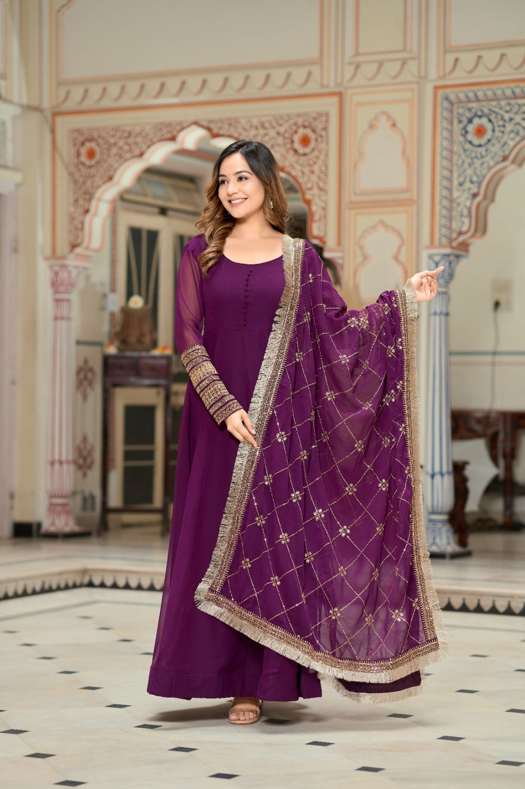 Purple Color Sequence Embrodery Work Anarkali Kurta Set 