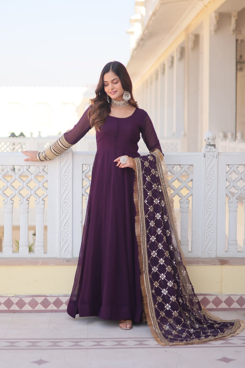 Purple Faux Georgette Sequence Embroidery Work Full Flare Anarkali Suit 