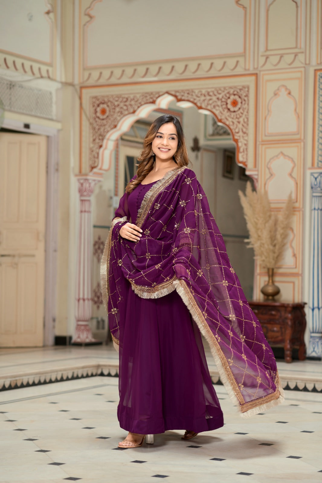 Purple Color Sequence Embrodery Work Anarkali Kurta Set 