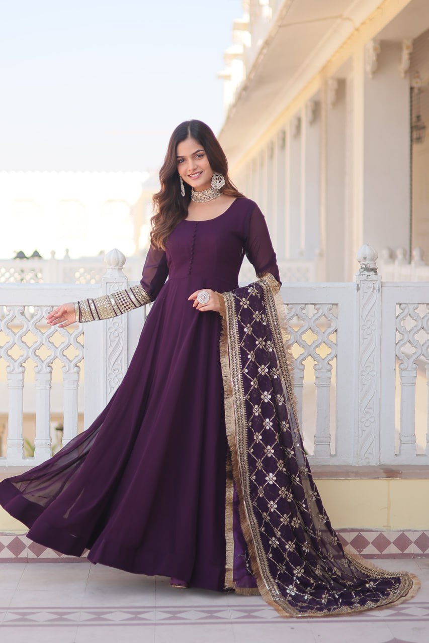 Purple Faux Georgette Sequence Embroidery Work Full Flare Anarkali Suit 