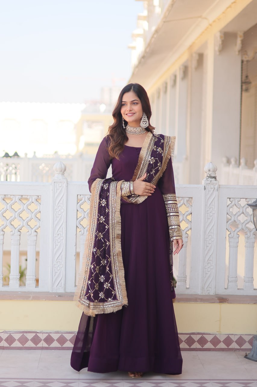 Purple Faux Georgette Sequence Embroidery Work Full Flare Anarkali Suit 