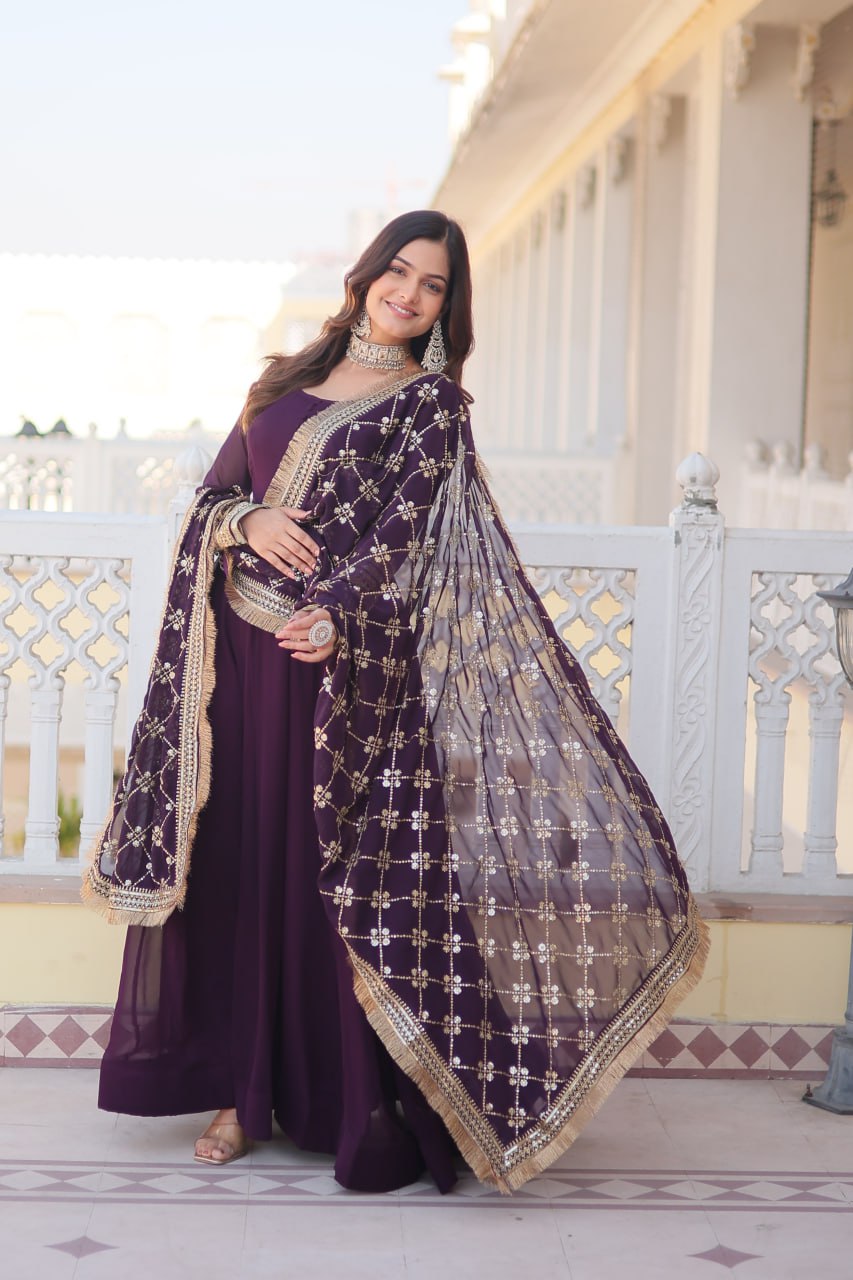 Purple Faux Georgette Sequence Embroidery Work Full Flare Anarkali Suit 