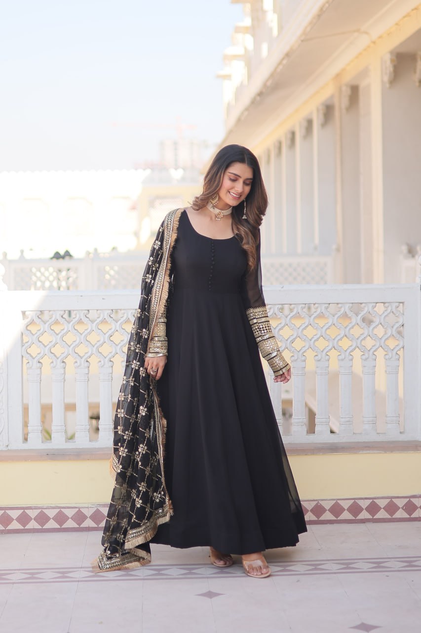 Black Faux Georgette Sequence Embroidery Work Full Flare Anarkali Suit 