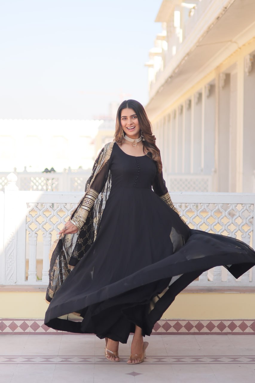 Black Faux Georgette Sequence Embroidery Work Full Flare Anarkali Suit 