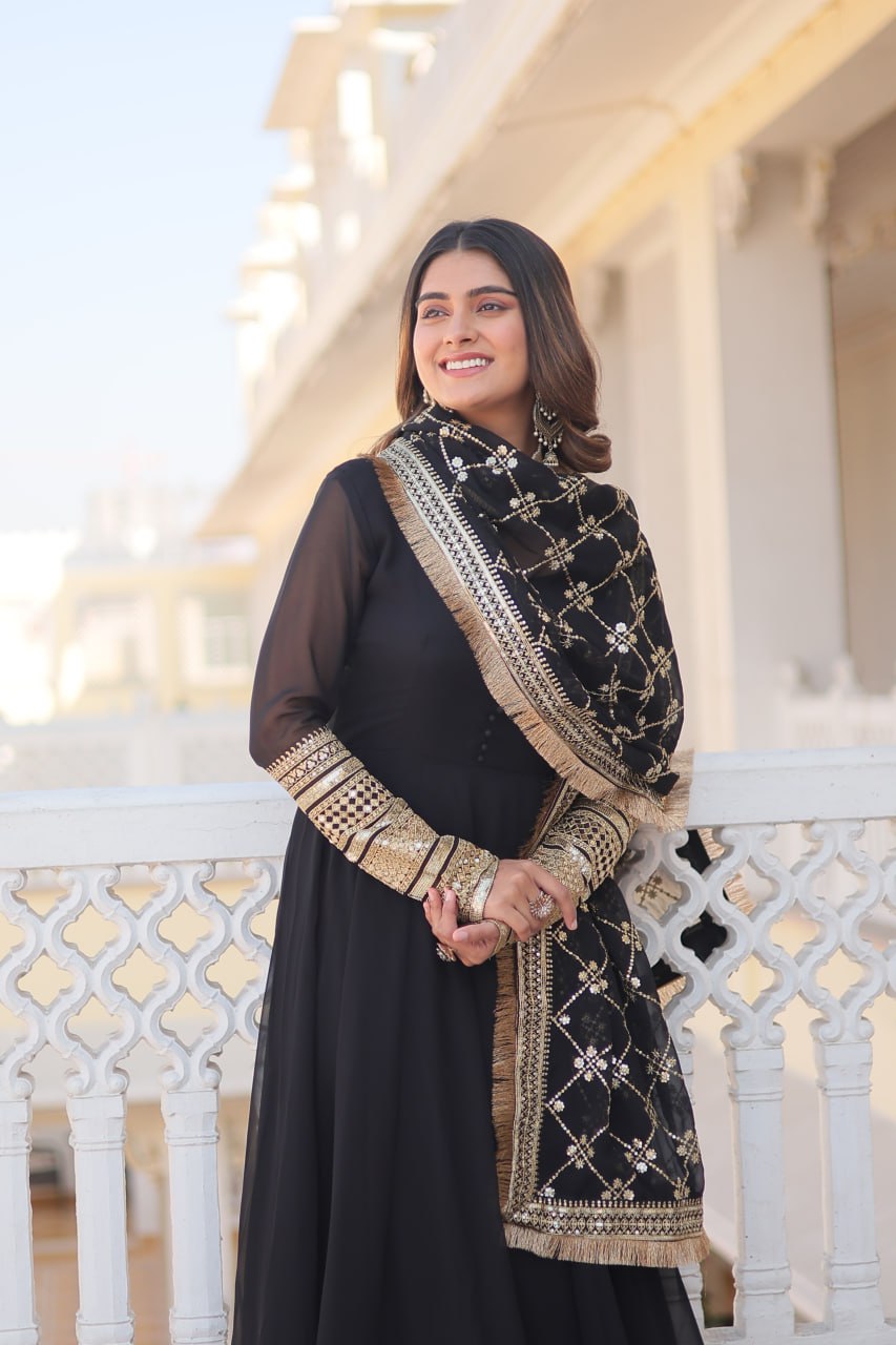 Black Faux Georgette Sequence Embroidery Work Full Flare Anarkali Suit 