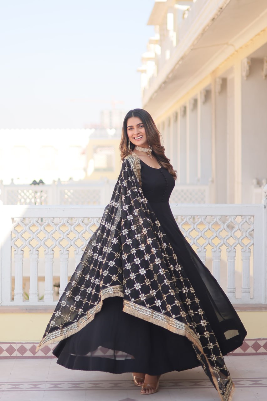 Black Faux Georgette Sequence Embroidery Work Full Flare Anarkali Suit 