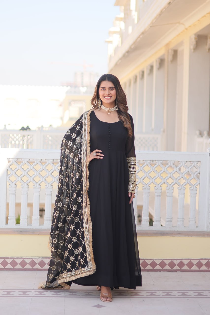 Black Faux Georgette Sequence Embroidery Work Full Flare Anarkali Suit 