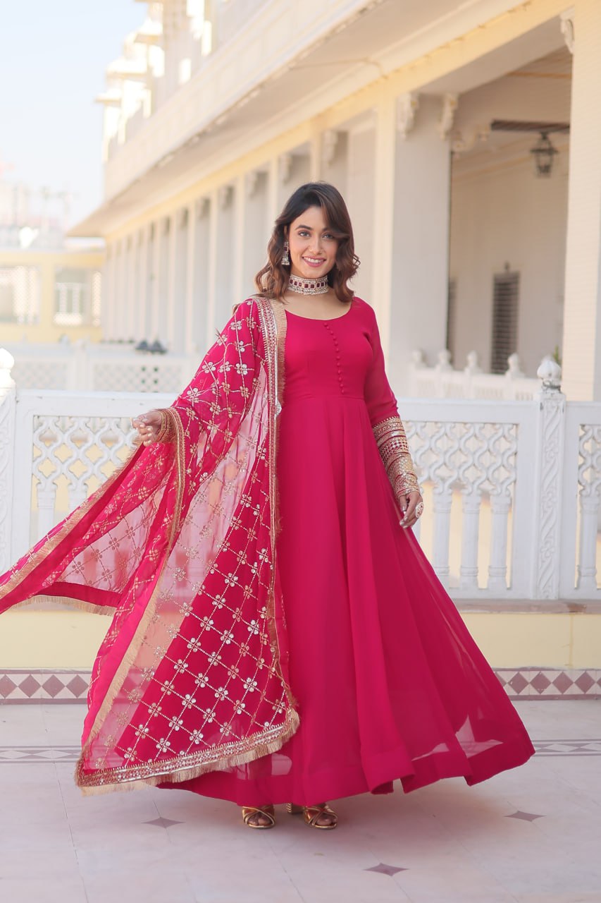 Rani Pink Faux Georgette Sequence Embroidery Work Full Flare Anarkali Suit 