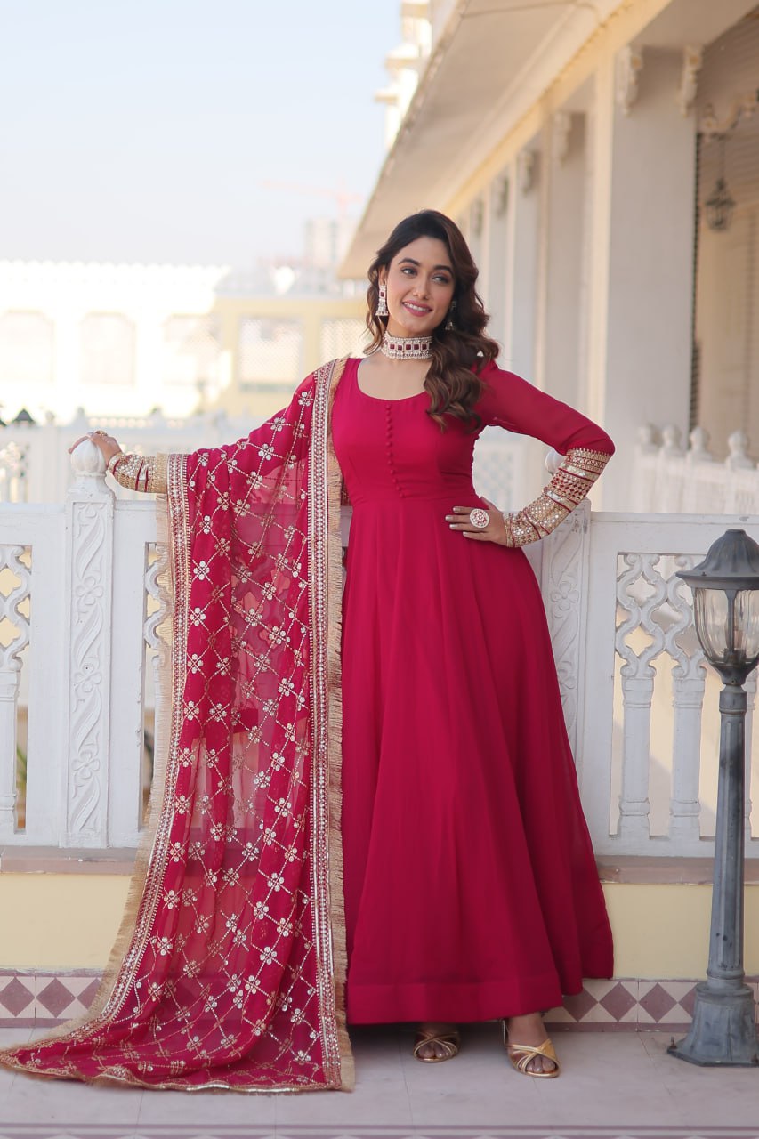 Rani Pink Faux Georgette Sequence Embroidery Work Full Flare Anarkali Suit 