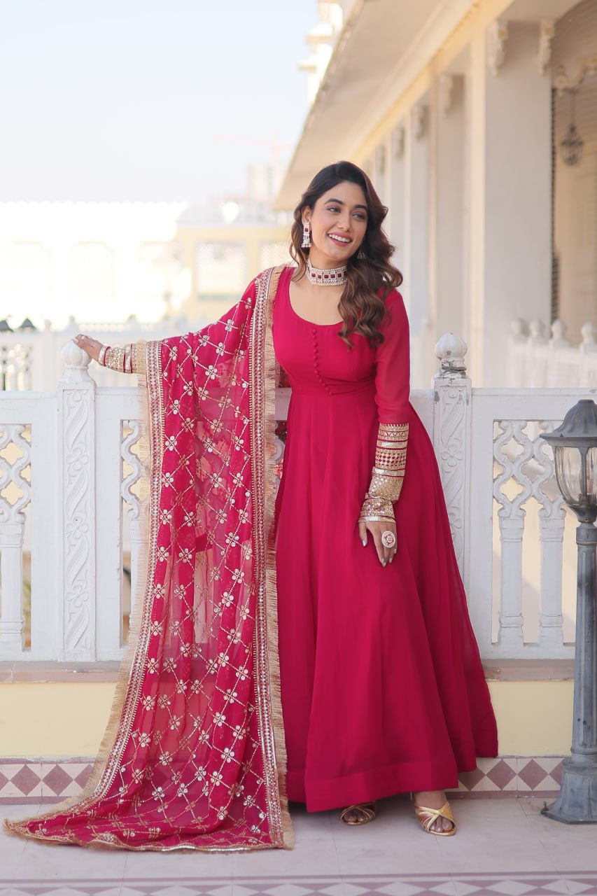 Rani Pink Faux Georgette Sequence Embroidery Work Full Flare Anarkali Suit 