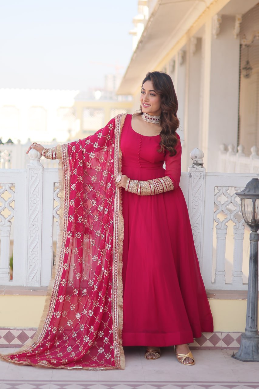 Rani Pink Faux Georgette Sequence Embroidery Work Full Flare Anarkali Suit 