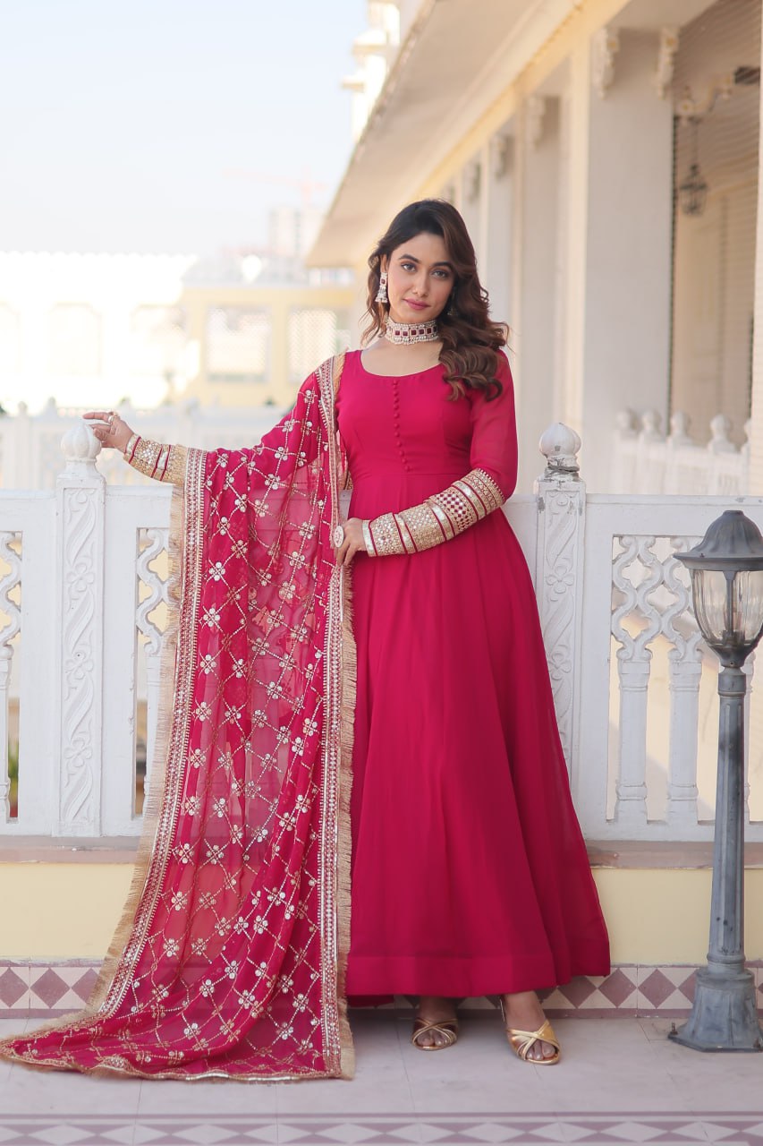 Rani Pink Faux Georgette Sequence Embroidery Work Full Flare Anarkali Suit 