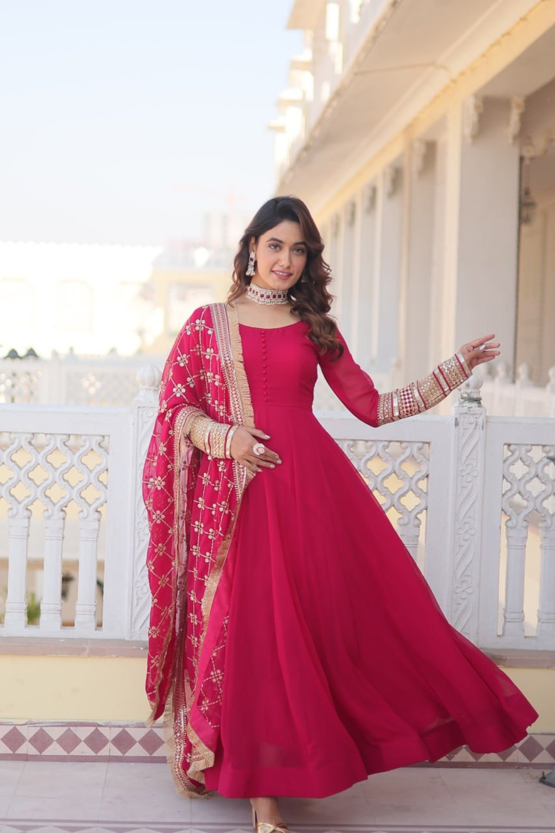 Rani Pink Faux Georgette Sequence Embroidery Work Full Flare Anarkali Suit 