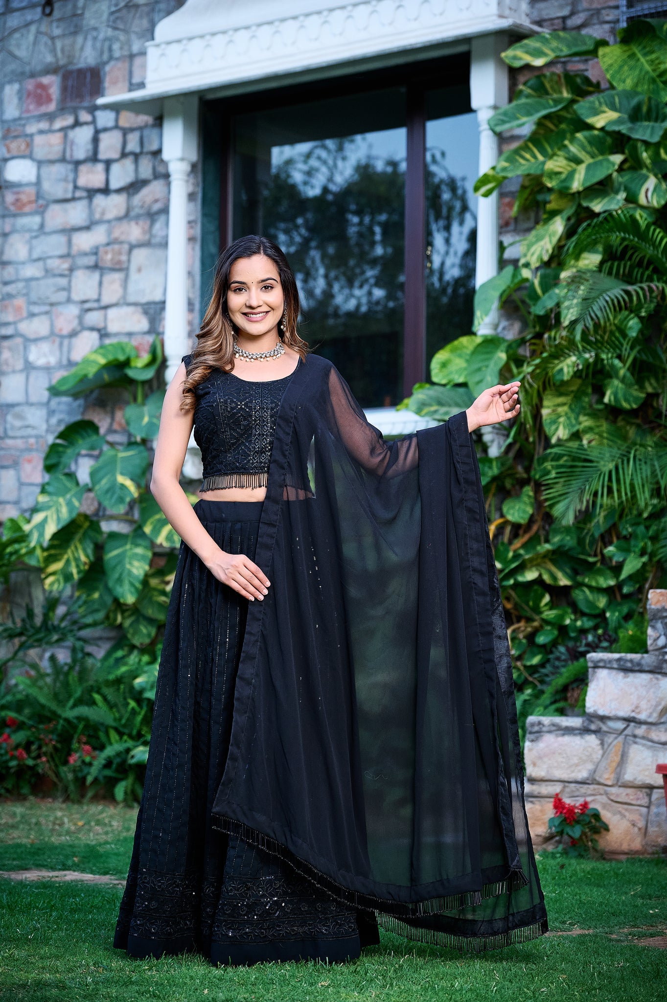 Trendy Black Sequence Embrodery Fox Blooming Georgette Lahenga Choli 