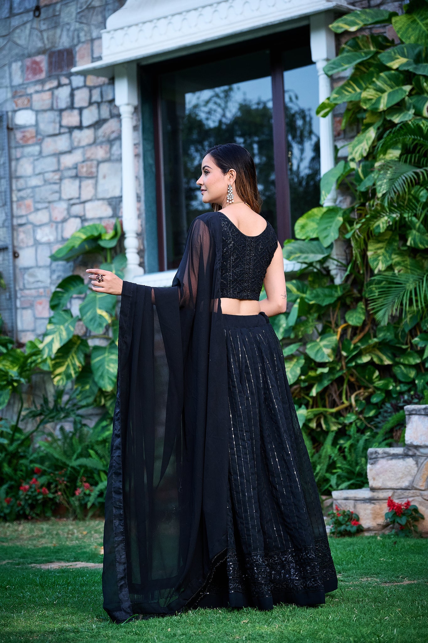 Trendy Black Sequence Embrodery Fox Blooming Georgette Lahenga Choli 