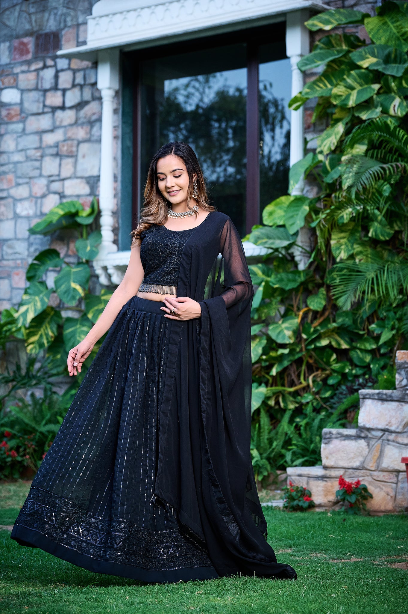 Trendy Black Sequence Embrodery Fox Blooming Georgette Lahenga Choli 