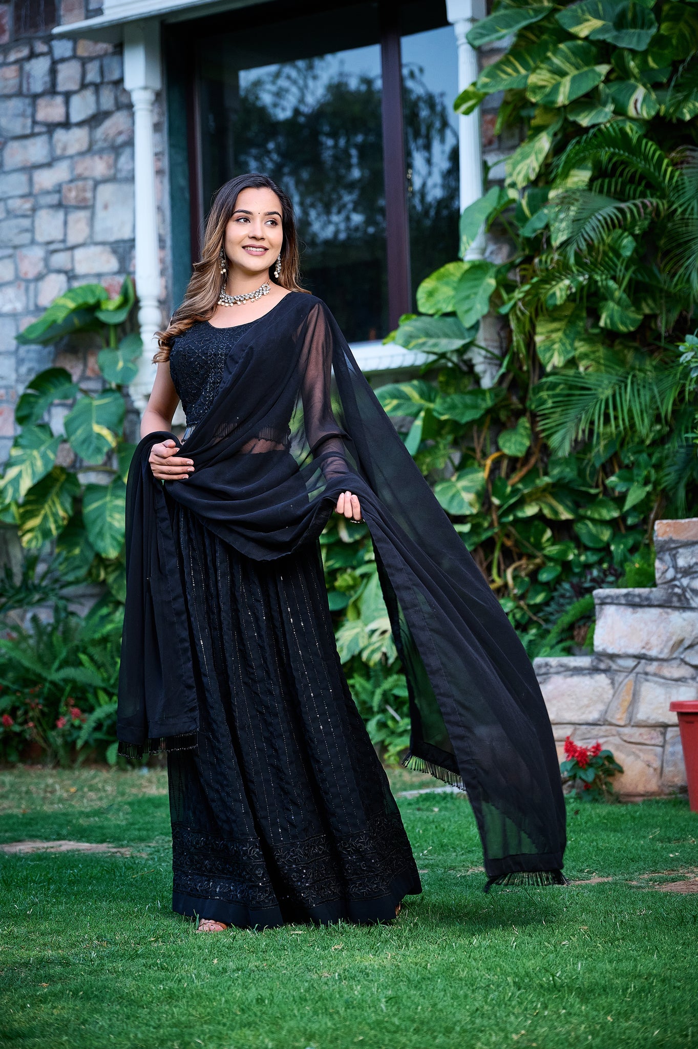 Trendy Black Sequence Embrodery Fox Blooming Georgette Lahenga Choli 