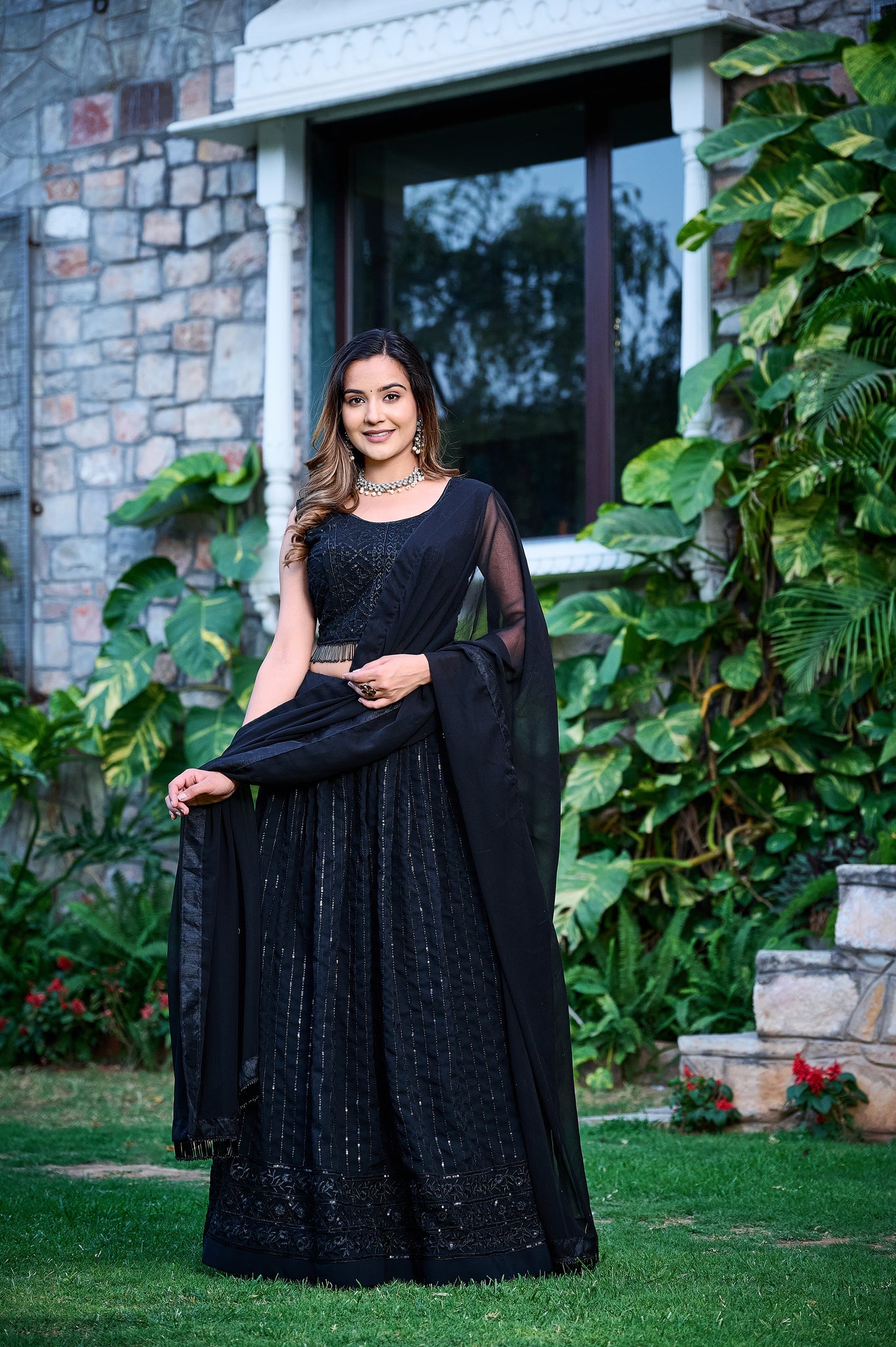 Trendy Black Sequence Embrodery Fox Blooming Georgette Lahenga Choli 