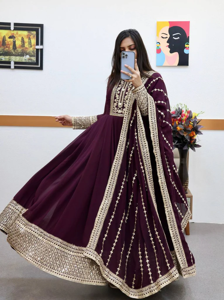 Fancy Sequence Coding Embrodery Work Anarkali Kurtaset With Dupatta 