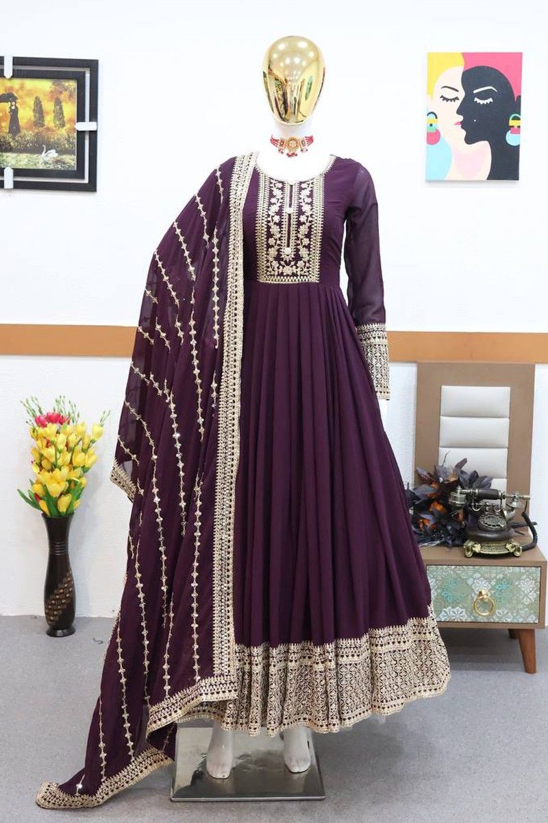 Fancy Sequence Coding Embrodery Work Anarkali Kurtaset With Dupatta 