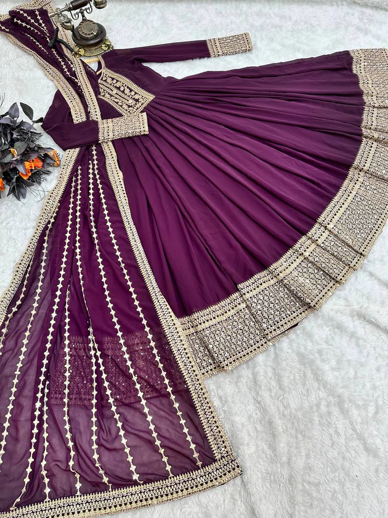 Fancy Sequence Coding Embrodery Work Anarkali Kurtaset With Dupatta 